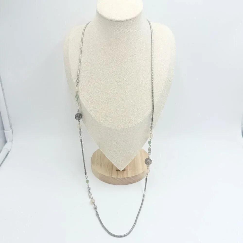 Loft Gem Stone Beaded Silver Tone Long Necklace